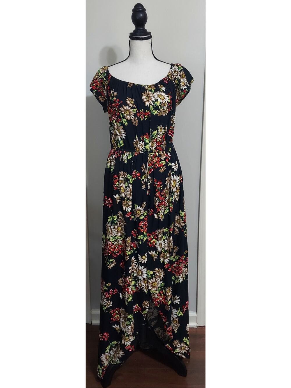 BiuBiu XL Black Floral Maxi Dress High Low Style With Inner Romper Cottagecore